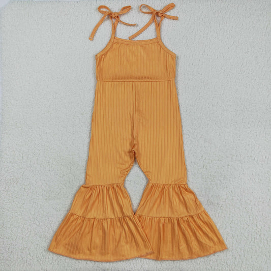 RTS NO MOQ （In stock）SR3162 Baby Girls Summer Jumpsuits Baby Girls Orange Strap Bell Bottom Ribbed Jumpsuits