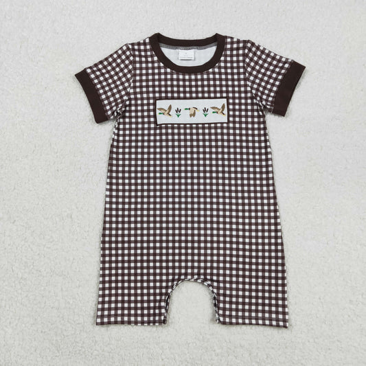 RTS NO MOQ （In stock）SR3164 Baby Boys Summer Rompers Brown Plaid Short Rompers with Ducks Design Short Sleeves Cute Infant Outfit