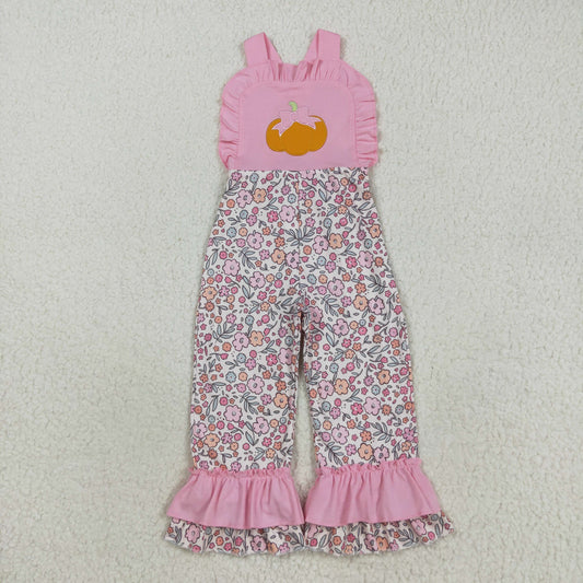 RTS NO MOQ （In stock）SR3176 Baby Girls Summer Jumpsuits Embroidery Bow Pumpkins Baby Girls Pink Strap Floral Ruffle Pant Jumpsuits