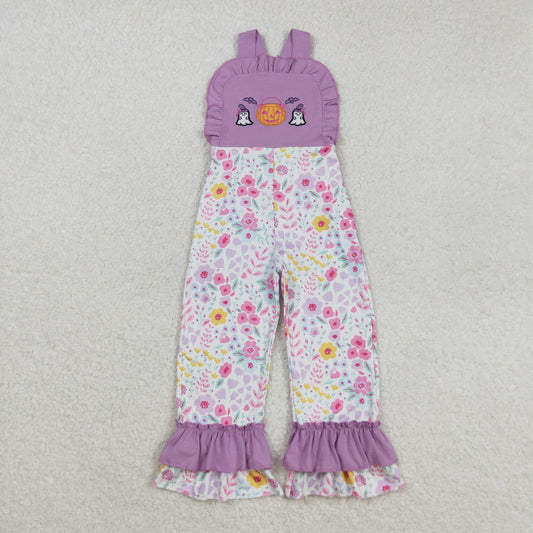 RTS NO MOQ （In stock）SR3177 Baby Girls Summer Jumpsuits Embroidery Baby Girls Lavender Strap Ghost Pumpkins Floral Ruffle Pant Jumpsuits