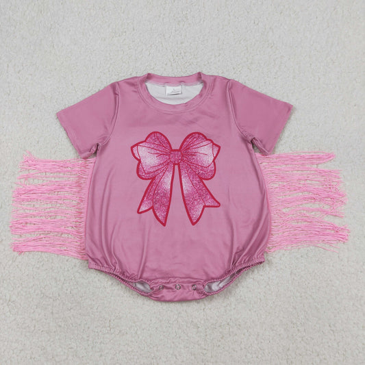 3.27 RTS NO MOQ （In stock）SR3187 Pink short sleeves tassels bow baby girls romper