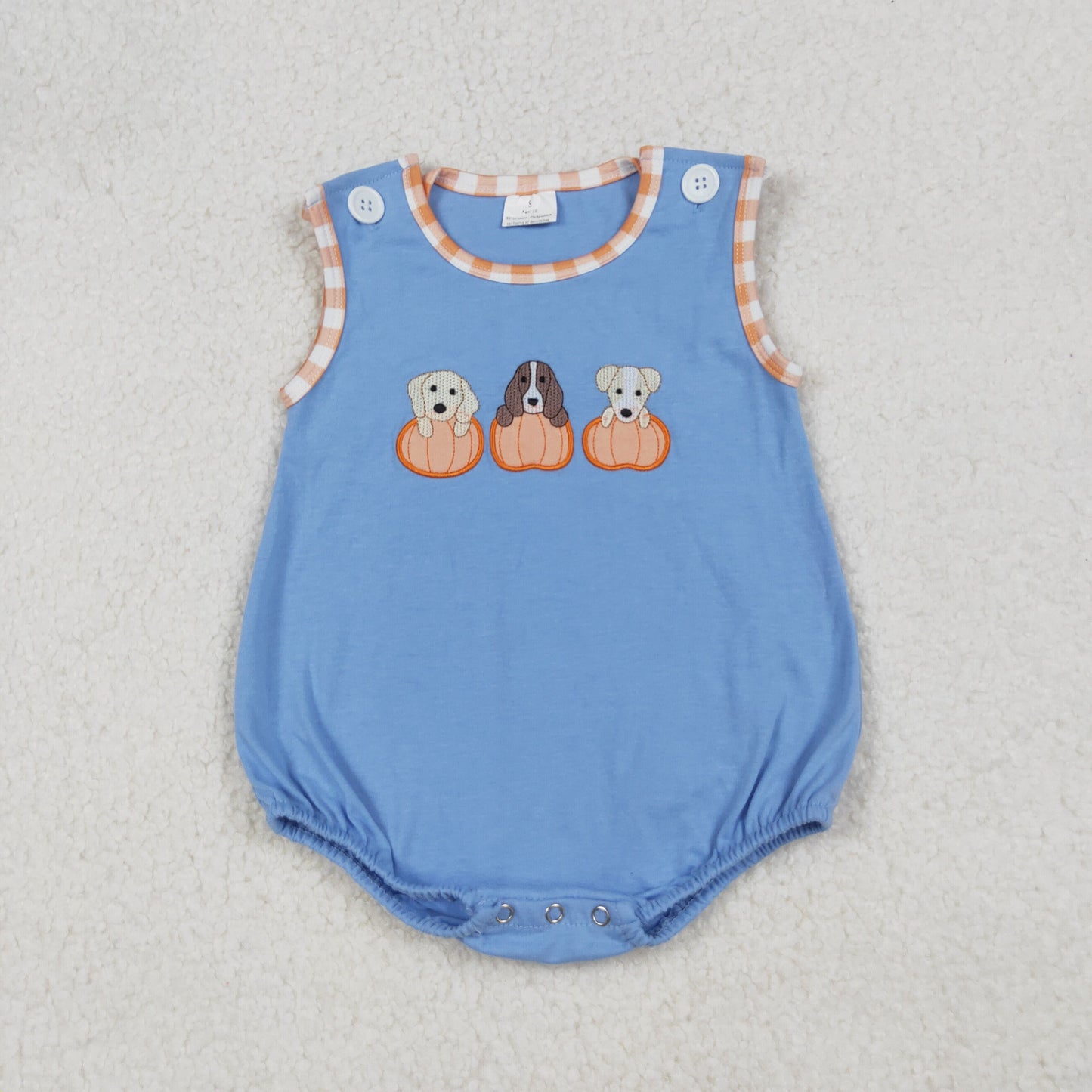 RTS NO MOQ （In stock）SR3190 Baby Boys Summer Rompers Embroidery Dogs Pumpkins Blue Sleeveless Fall Rompers