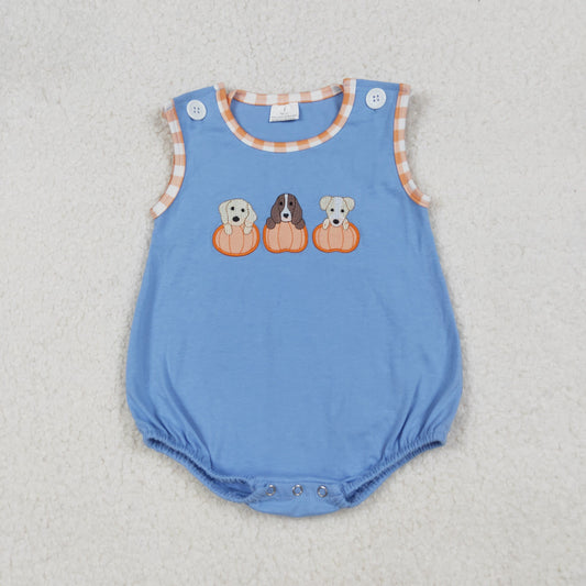 RTS NO MOQ （In stock）SR3190 Baby Boys Summer Rompers Embroidery Dogs Pumpkins Blue Sleeveless Fall Rompers