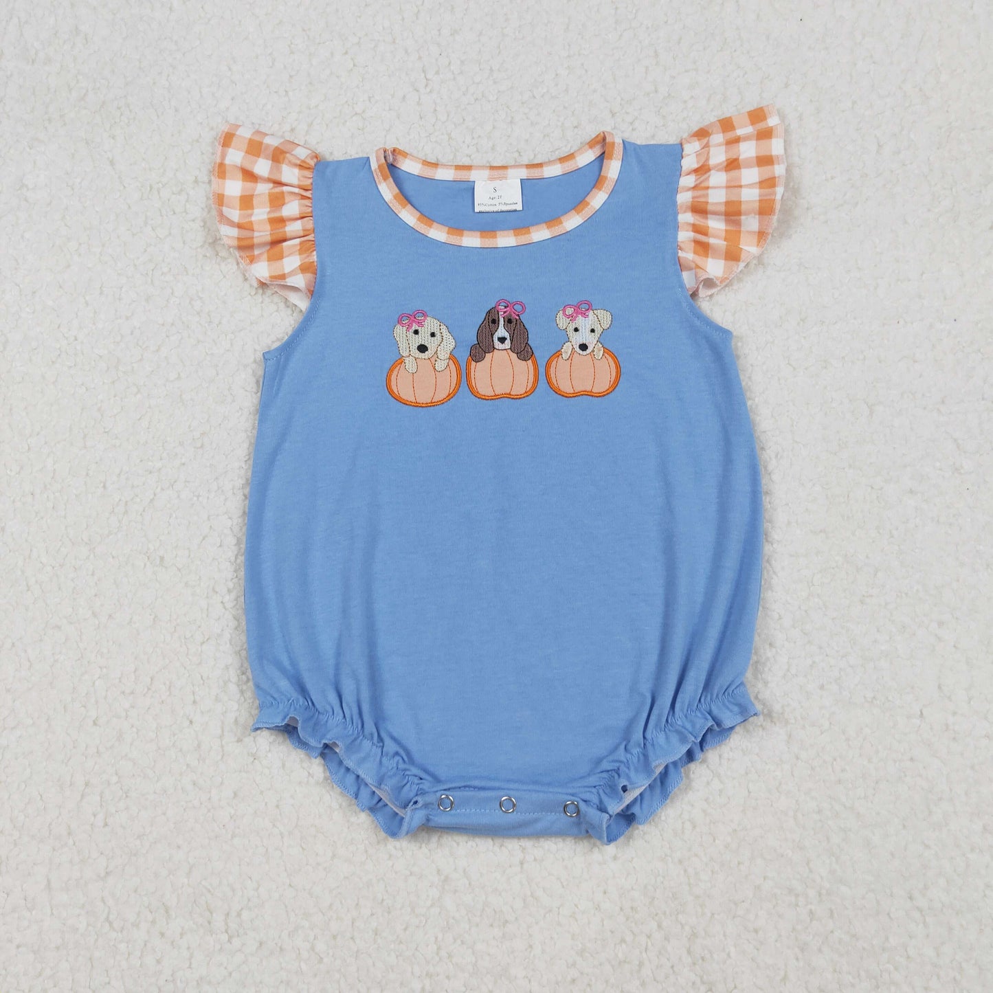 RTS NO MOQ （In stock）SR3191 Baby Girls Summer Rompers Embroidery Dogs Pumpkins Flutter Sleeves Fall Rompers