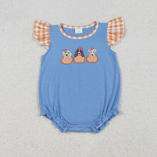 RTS NO MOQ （In stock）SR3191 Baby Girls Summer Rompers Embroidery Dogs Pumpkins Flutter Sleeves Fall Rompers