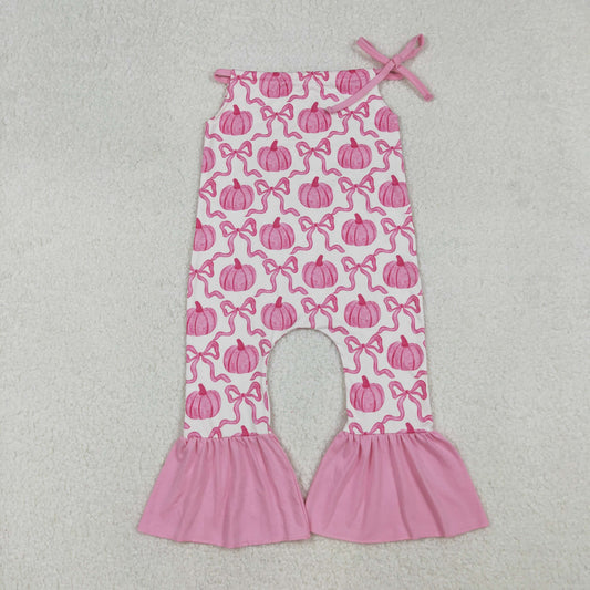RTS NO MOQ （In stock）SR3200  Baby Girls Summer Jumpsuits Pink Strap Bows Pumpkins Plaid Bell Bottom Fall Jumpsuits