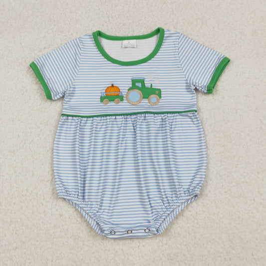 RTS NO MOQ （In stock）SR3201Baby Boys Summer Rompers Blue Stripe Pumpkins Truck Fall Rompers