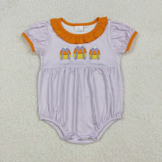 RTS NO MOQ （In stock）SR3202  Baby Girls Summer Rompers Lavender Stripe Bows Candy Halloween Rompers