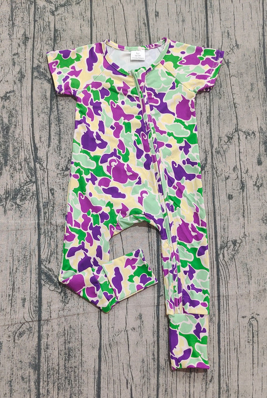 10.1 SR3211 Sample No Moq Baby Boys Mardi Gras Camo Zipper Footie Rompers