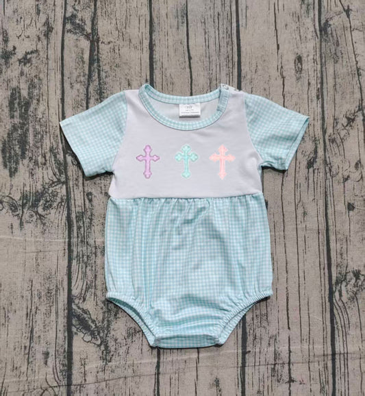 10.11 SR3215 Sample No Moq Embroidery Crosses Baby Boys Short Sleeve Easter Rompers