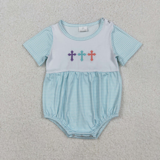 11.8 RTS NO MOQ （In stock）SR3215 Baby Boys Summer Rompers Embroidery Crosses Baby Boys Blue Checked Short Sleeve Easter Rompers