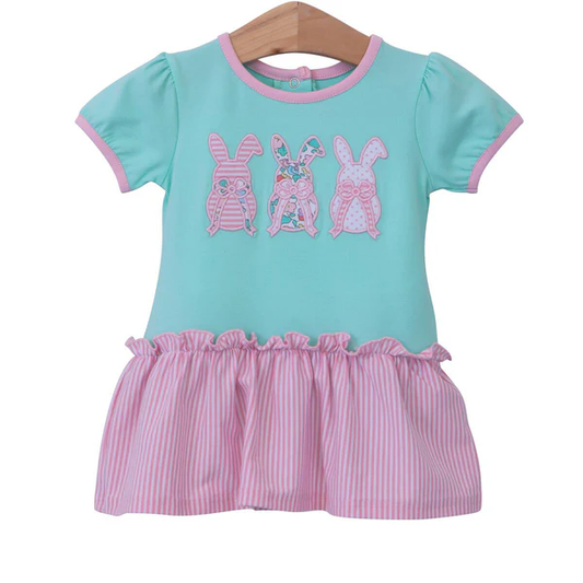 9.22 SR3231 Baby Girls Aqua Easter Rabbits Ruffle Bummies Rompers Preorder