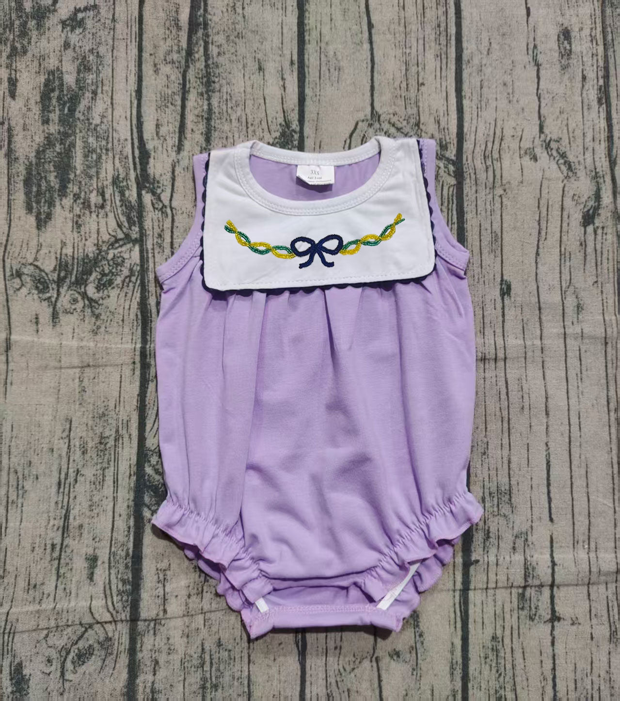 10.11 SR3235 Sample No Moq Embroidery Bow Baby Girls Sleeveless Mardigrass Ruffle Rompers