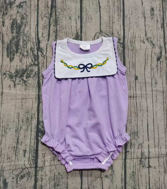 10.11 SR3235 Sample No Moq Embroidery Bow Baby Girls Sleeveless Mardigrass Ruffle Rompers