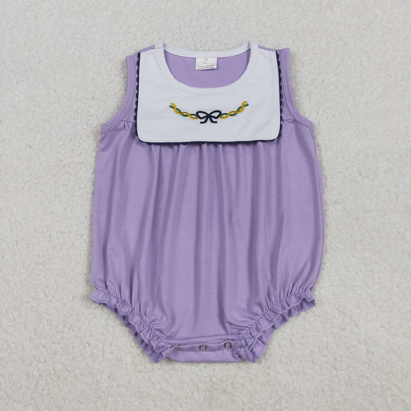 11.6 RTS NO MOQ （In stock）SR3235 Baby Girls Summer Rompers Embroidery Bows Baby Girls Sleeveless Mardigrass Ruffle Rompers