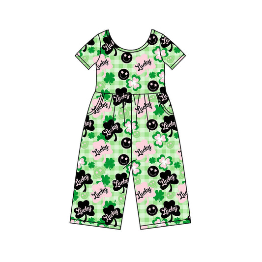 9.26 SR3237 Pre order No Moq Baby Girls Green Checked Clovers Lucky Pockets St Patrick Jumpsuits