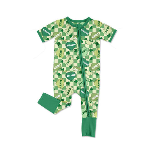 9.26 SR3238 Pre order No Moq Baby Girls Green Checked Clovers Hearts St Patrick Zipper Rompers