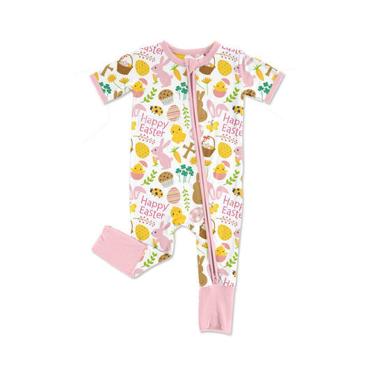 9.26 SR3239 Pre order No Moq Baby Girls Flowers Rabbits Eggs Happy Easter Zipper Rompers