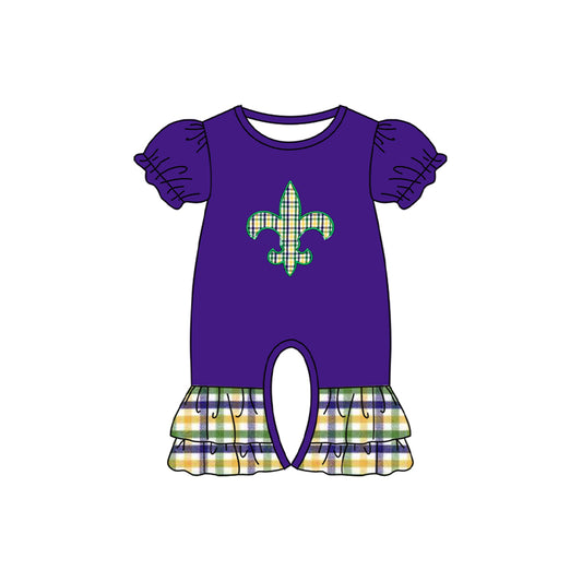 9.26 SR3240 Pre order No Moq Baby Girls Purple Checked Anchor Mardigras Ruffle Rompers