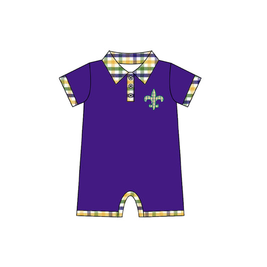 9.26 SR3241 Pre order No Moq Baby Boys Purple Button Checked Anchor Mardigras Rompers