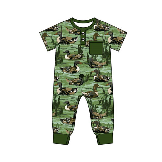 9.26 SR3242 Pre order No Moq Baby Boys Dark Green Button Pocket Ducks Rompers