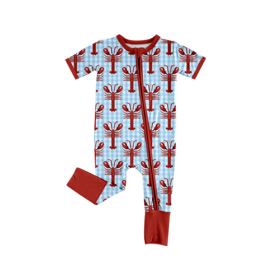 9.26 SR3244 Pre order No Moq Baby Boys Blue Checked Crayfishes Zipper Rompers