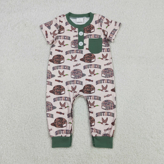 12.6 RTS NO MOQ （In stock）SR3245 Baby Boys Rompers Baby Boys Camo Hats Ducks Button Pocket Southern Footie Rompers