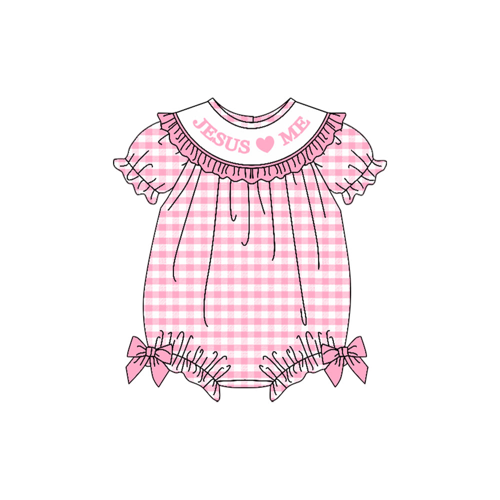 9.27 SR3249 Pre order No Moq Baby Girls Pink Checked Jesus Love Me Ruffle Rompers
