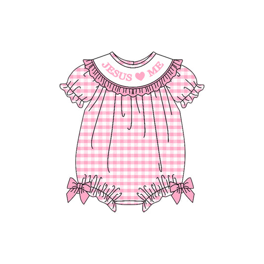 9.27 SR3249 Pre order No Moq Baby Girls Pink Checked Jesus Love Me Ruffle Rompers