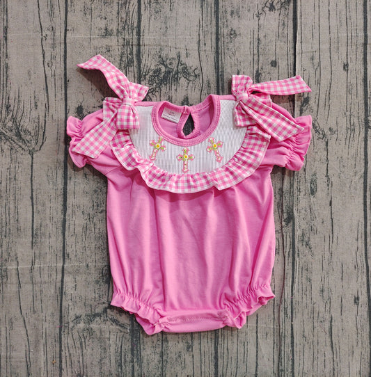 11.25 SR3250 Sample No Moq Smocked Crosses Baby Girls Bows Short Sleeve Easter Ruffle Rompers