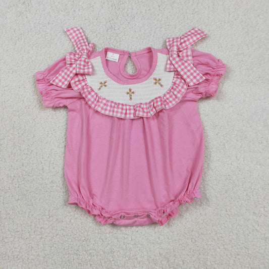 1.9 RTS NO MOQ （In stock）SR3250 Smocked Crosses Baby Girls Bows Short Sleeve Easter Ruffle Rompers