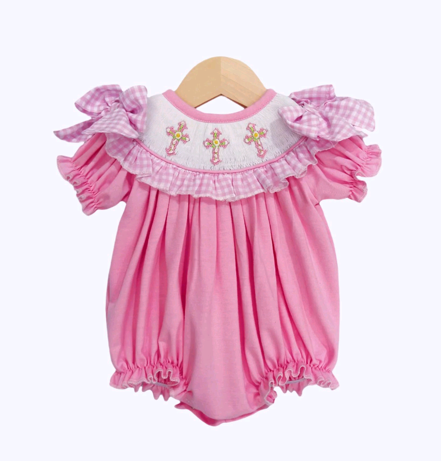 9.27 SR3250 Pre order No Moq Baby Girls Pink Bows Short Ruffle Sleeve Cross Easter Rompers
