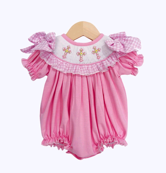 9.27 SR3250 Pre order No Moq Baby Girls Pink Bows Short Ruffle Sleeve Cross Easter Rompers