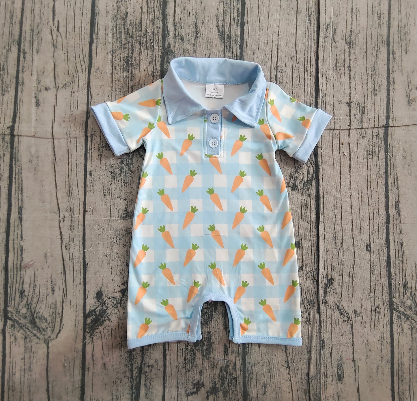 11.15 SR3254 Sample No Moq Baby Boys Blue Checked Carrots Easter Button Shorts Rompers