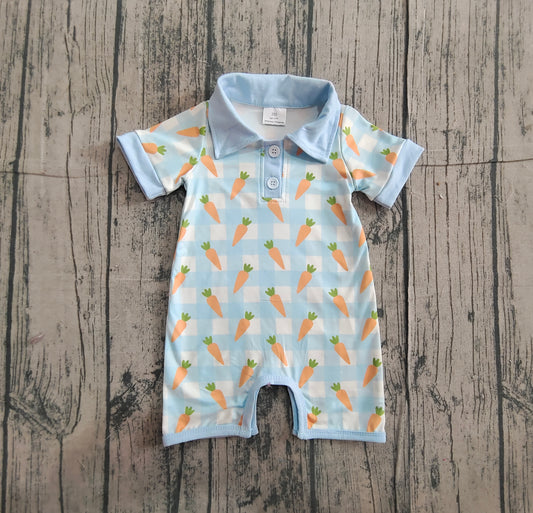 11.15 SR3254 Sample No Moq Baby Boys Blue Checked Carrots Easter Button Shorts Rompers