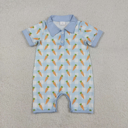 12.11 RTS NO MOQ （In stock）SR3254 Baby Boys Rompers Baby Boys Blue Checked Carrots Easter Button Shorts Rompers