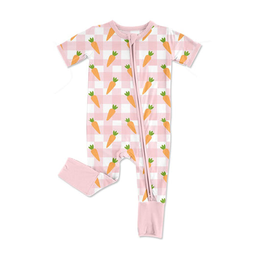9.29 SR3255 Pre order No Moq Baby Girls Pink Checked Carrots Easter Zipper Footie Rompers