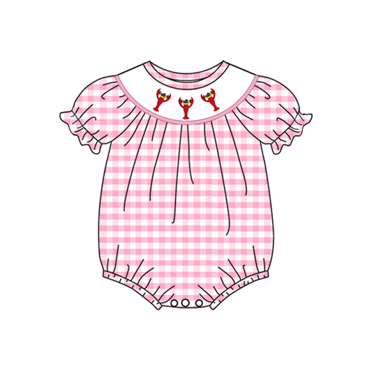 9.30 SR3256 Pre order No Moq Baby Girls Pink Checked Mardigras Crayfishes Ruffle Rompers