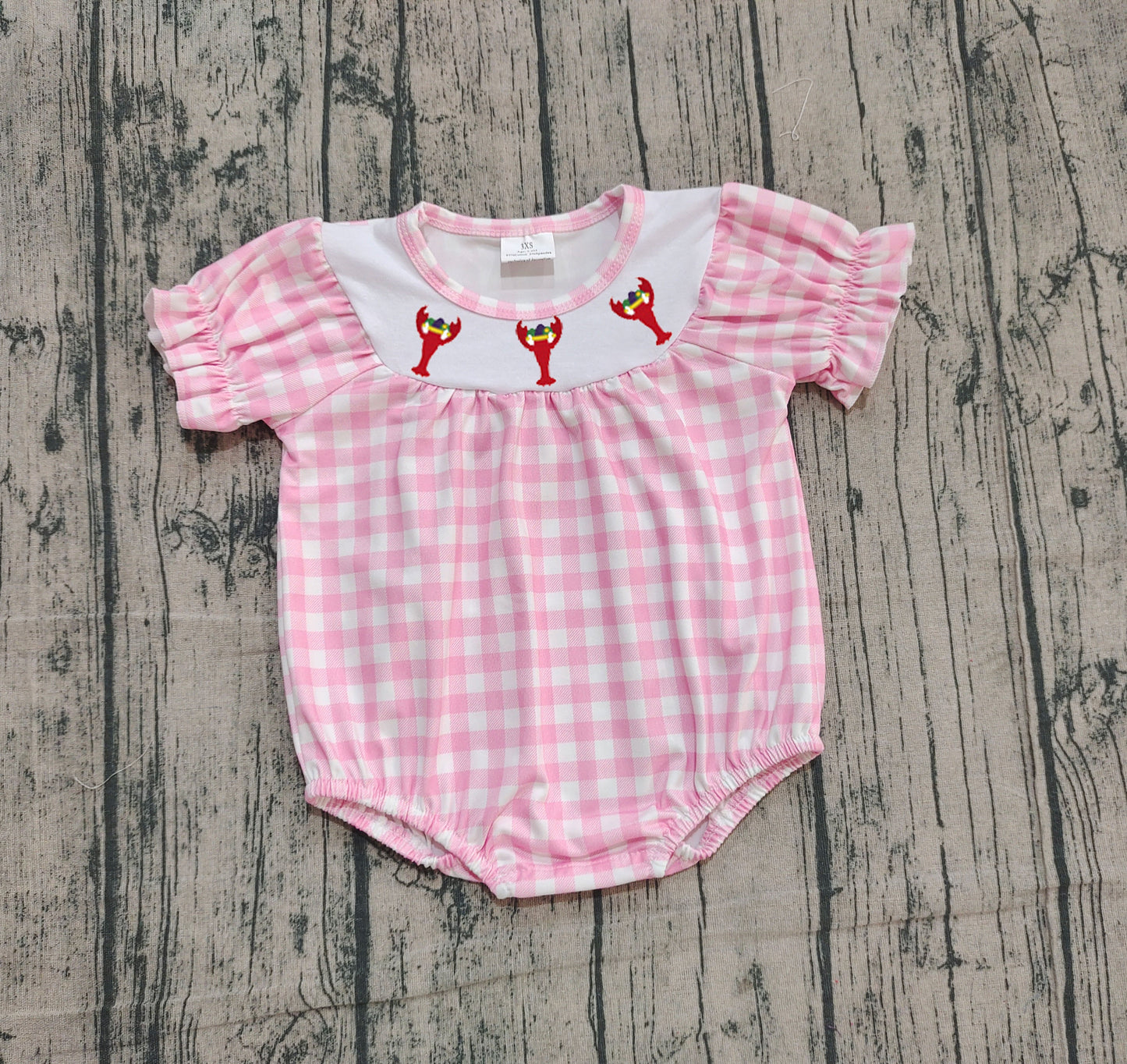 10.13 SR3256 Sample No Moq Embroidery Crayfishes Baby Girls Pink Checked Ruffle Rompers