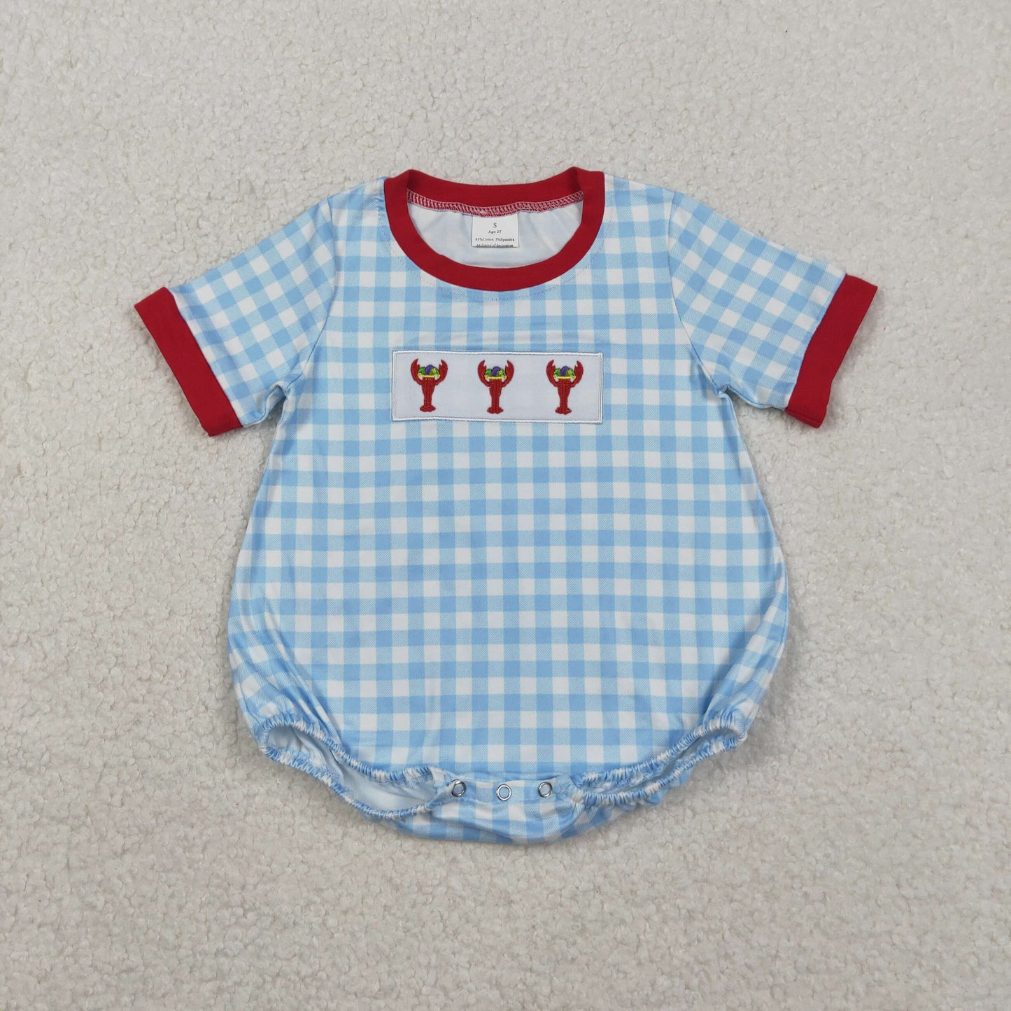 11.11 RTS NO MOQ （In stock）SR3257 Baby Boys Summer Rompers Embroidery Anchor Crayfishes Baby Boys Blue Checked Mardigras Rompers
