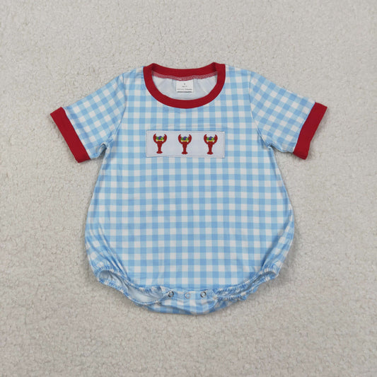 11.11 RTS NO MOQ （In stock）SR3257 Baby Boys Summer Rompers Embroidery Anchor Crayfishes Baby Boys Blue Checked Mardigras Rompers