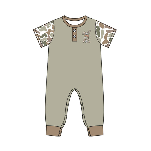 9.30 SR3258 Pre order No Moq Baby Boys Olive Camo Rabbit Button Easter Footie Rompers