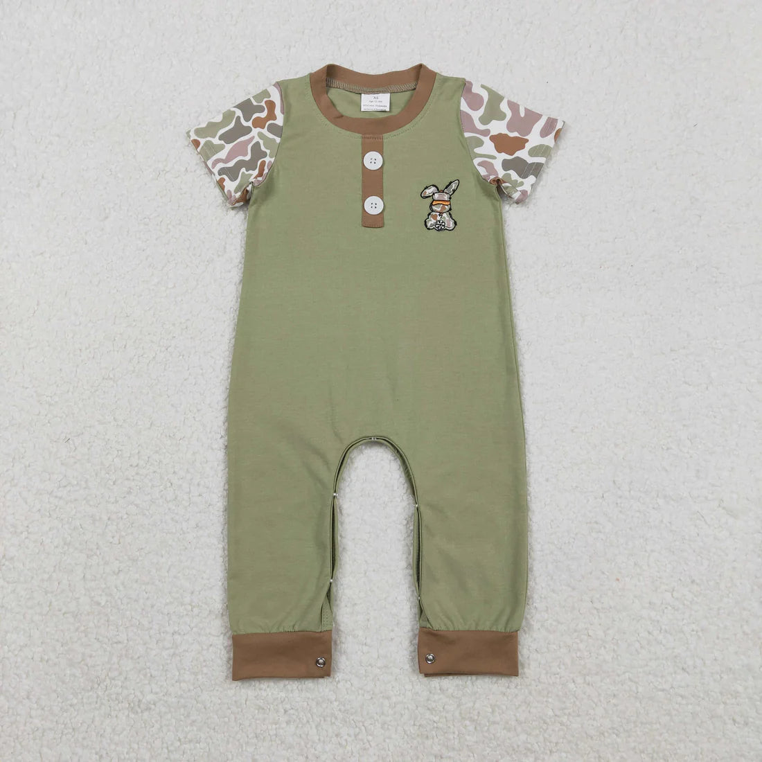 11.25 RST Sibling Baby Boys Girls Embroidery Green Camo Rabbits Rompers