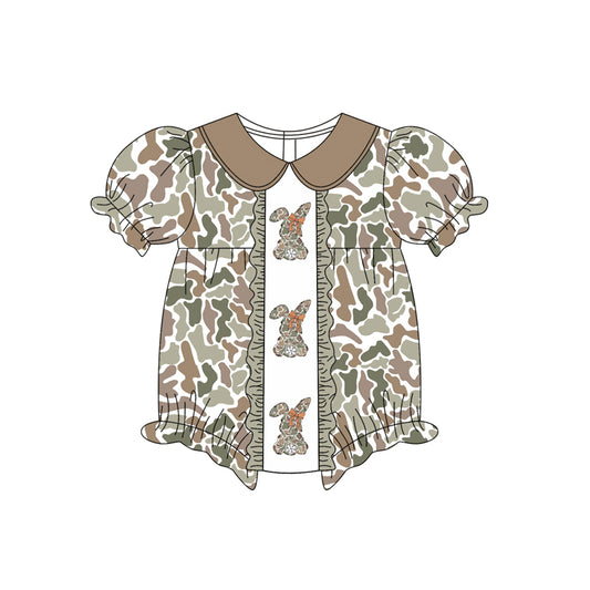 9.30 SR3259 Pre order No Moq Baby Boys Olive Camo Rabbit Easter Ruffle Rompers