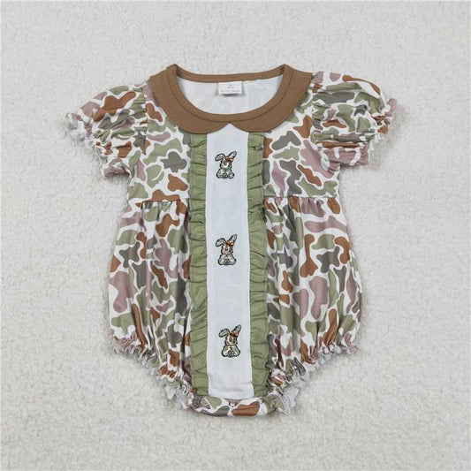 11.25 RTS NO MOQ （In stock）SR3259 Baby Girls Summer Rompers Embroidery Camo Rabbit Baby Girls Easter Collar Ruffle Rompers