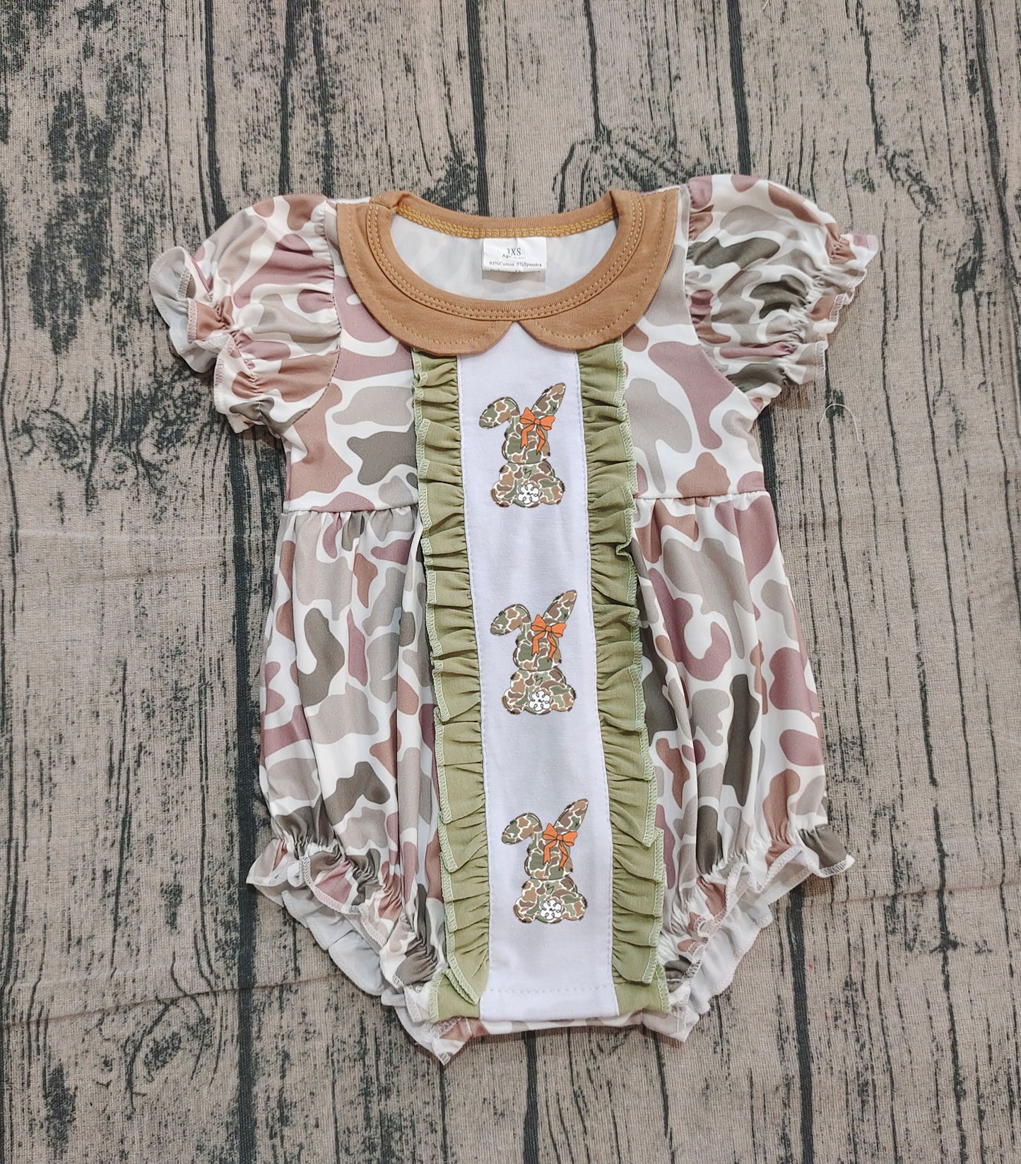 10.13 SR3259 Sample No Moq Embroidery Camo Rabbit Baby Girls Easter Ruffle Collar Rompers
