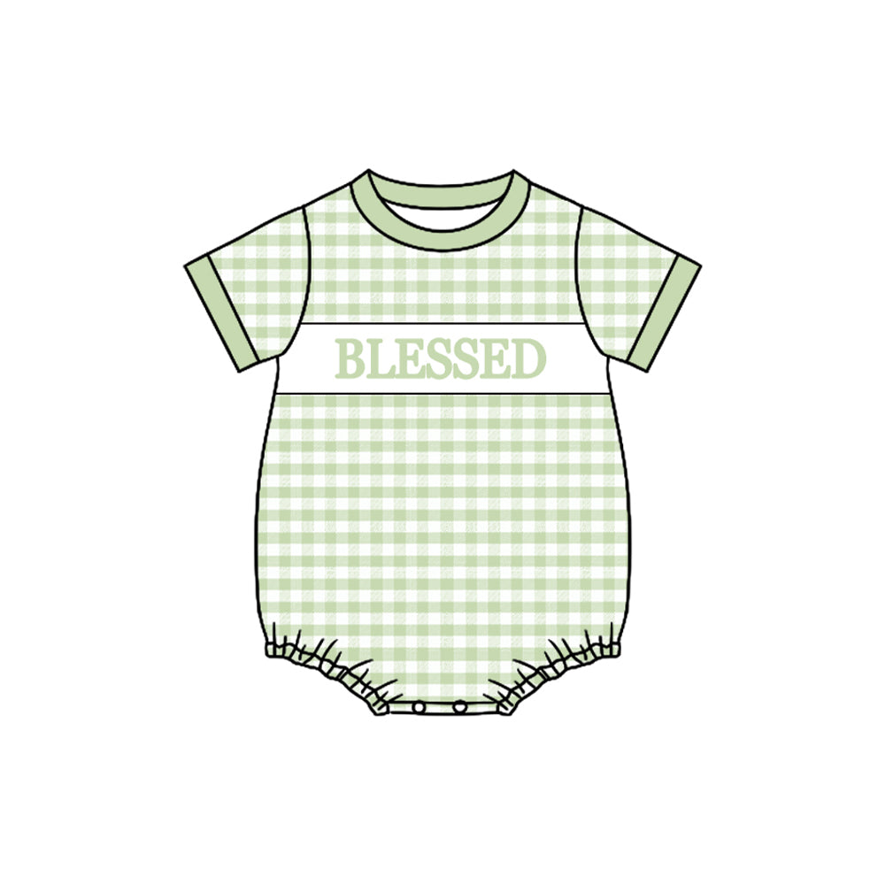 10.2 SR3261 Pre order No Moq Baby Boys Green Checked Blessed Rompers