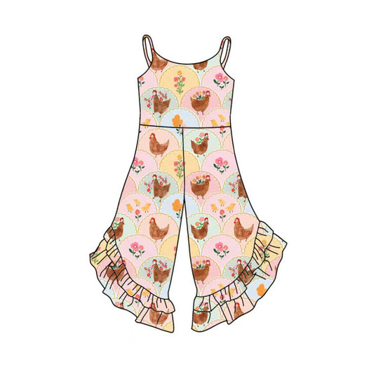 10.2 SR3264 Pre order No Moq Baby Girls Strap Flowers Chicks Checked Bell Bottom Pant Jumpsuits