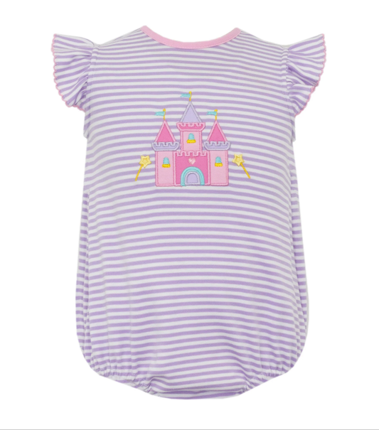 10.3 SR3265 Pre order No Moq Baby Girls Flutter Sleeve Lavender Stripe Castle Ruffle Rompers