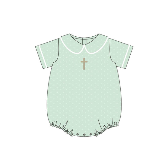 10.3 SR3269 Pre order No Moq Baby Boys Short Sleeve Green Polka Dots Cross Easter Rompers